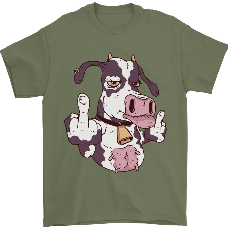 Funny Offensive Rude Cow Finger Flip Mens T-Shirt 100% Cotton Military Green
