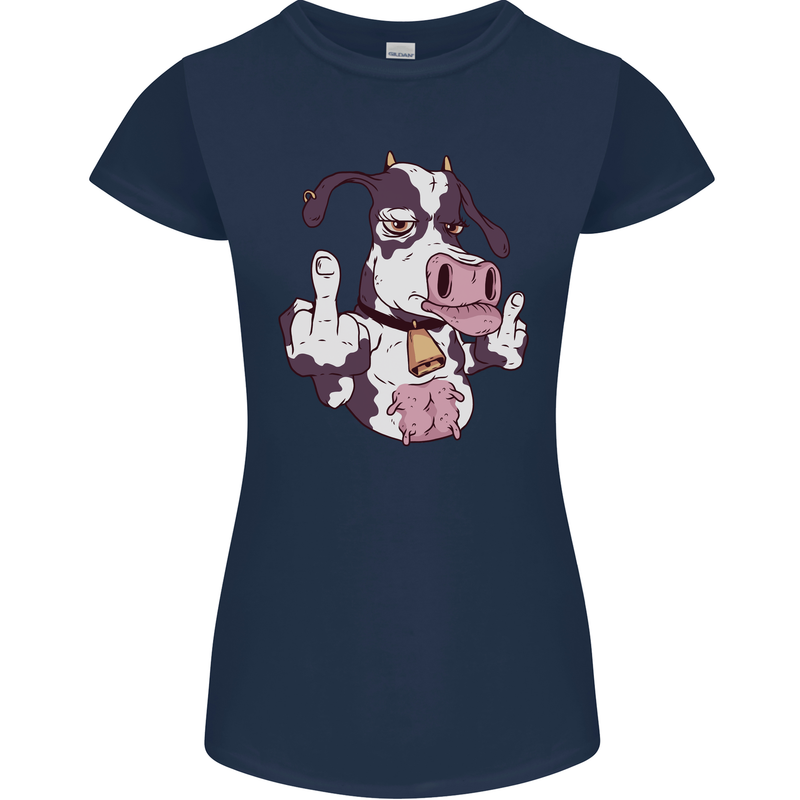 Funny Offensive Rude Cow Finger Flip Womens Petite Cut T-Shirt Navy Blue