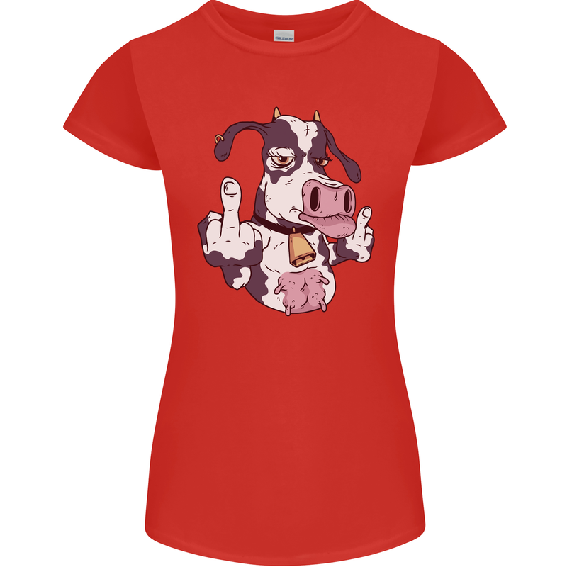 Funny Offensive Rude Cow Finger Flip Womens Petite Cut T-Shirt Red