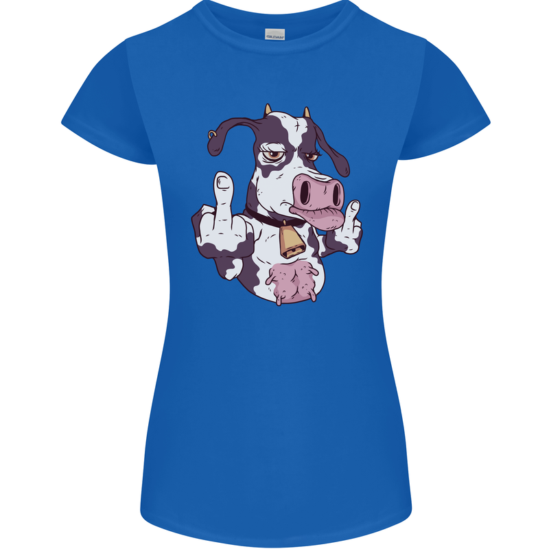 Funny Offensive Rude Cow Finger Flip Womens Petite Cut T-Shirt Royal Blue