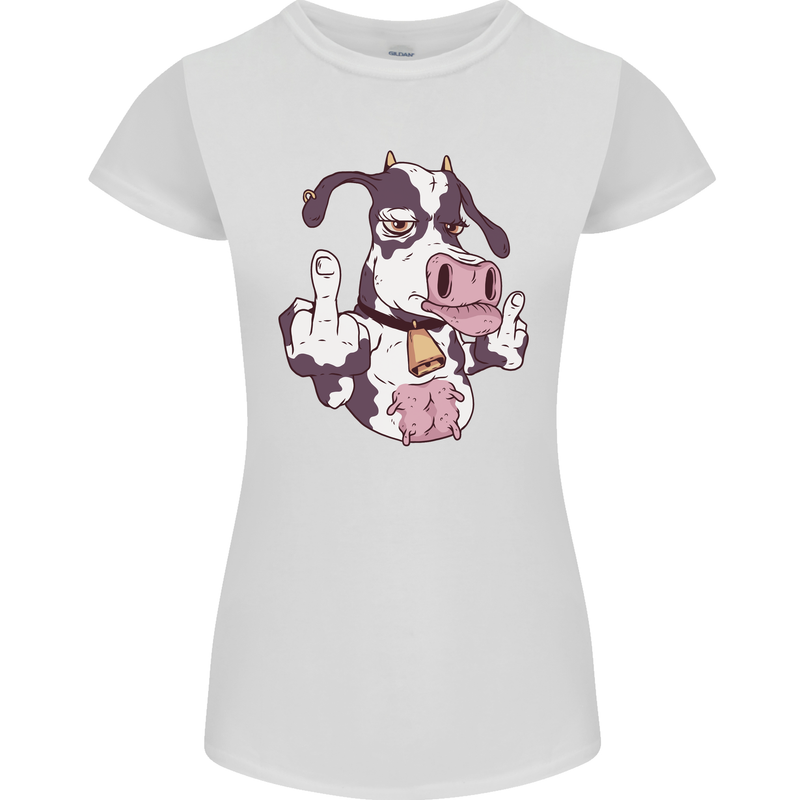 Funny Offensive Rude Cow Finger Flip Womens Petite Cut T-Shirt White