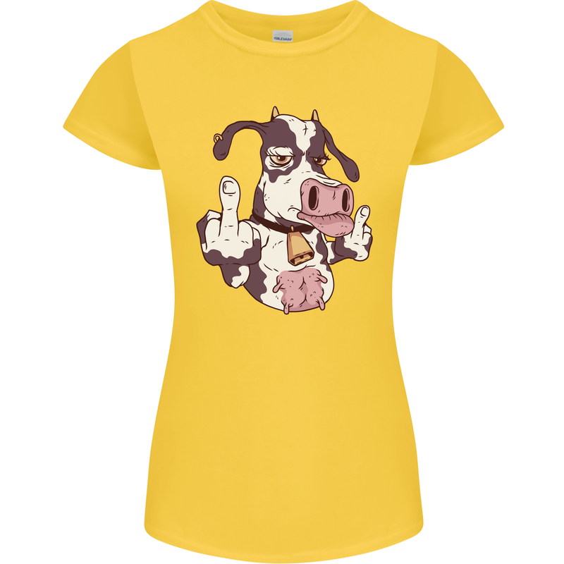 Funny Offensive Rude Cow Finger Flip Womens Petite Cut T-Shirt Yellow