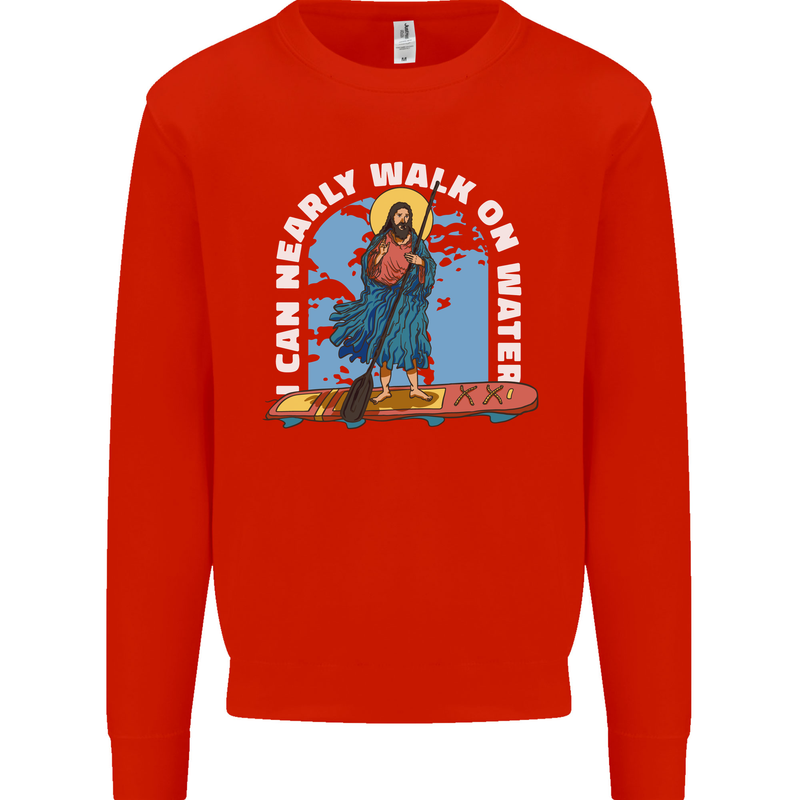 Funny Paddleboarder Jesus Paddleboarding Kids Sweatshirt Jumper Bright Red