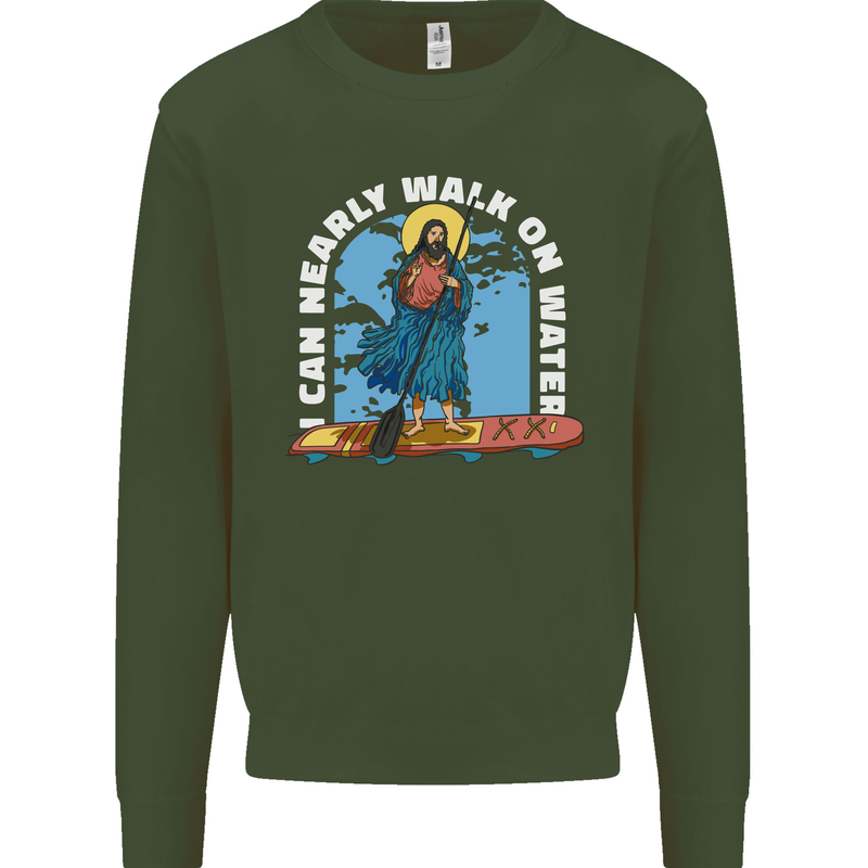 Funny Paddleboarder Jesus Paddleboarding Kids Sweatshirt Jumper Forest Green