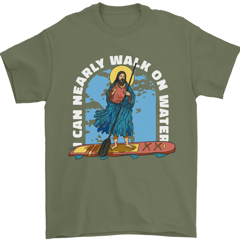 Funny Paddleboarder Jesus Paddleboarding Mens T-Shirt 100% Cotton Military Green