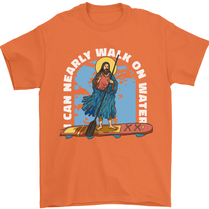 Funny Paddleboarder Jesus Paddleboarding Mens T-Shirt 100% Cotton Orange