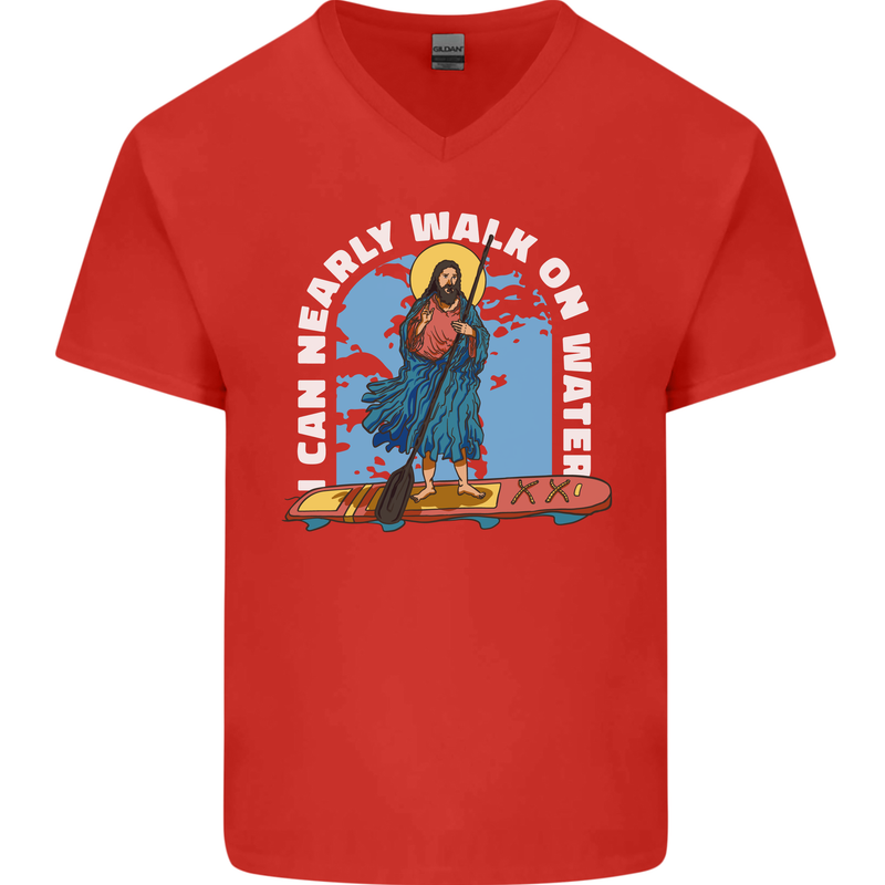 Funny Paddleboarder Jesus Paddleboarding Mens V-Neck Cotton T-Shirt Red