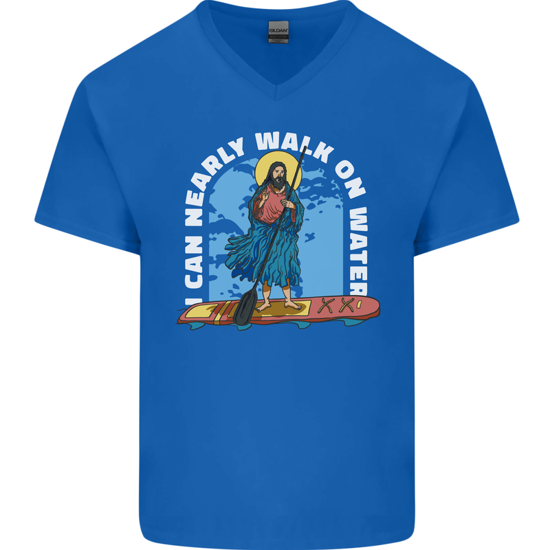 Funny Paddleboarder Jesus Paddleboarding Mens V-Neck Cotton T-Shirt Royal Blue