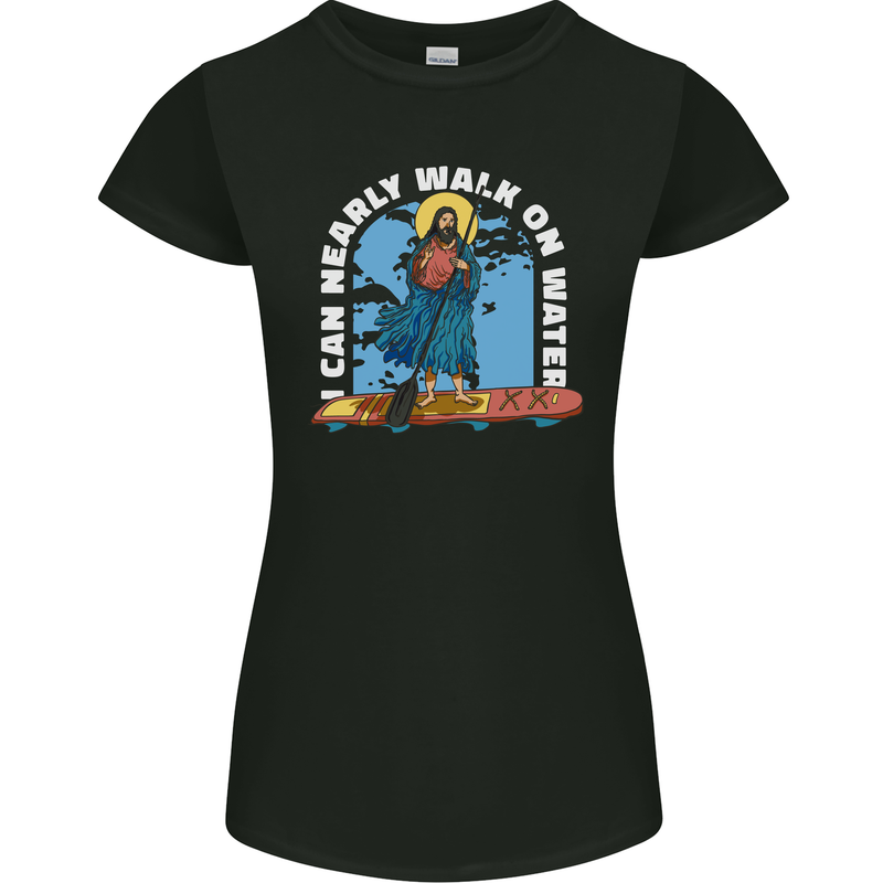 Funny Paddleboarder Jesus Paddleboarding Womens Petite Cut T-Shirt Black