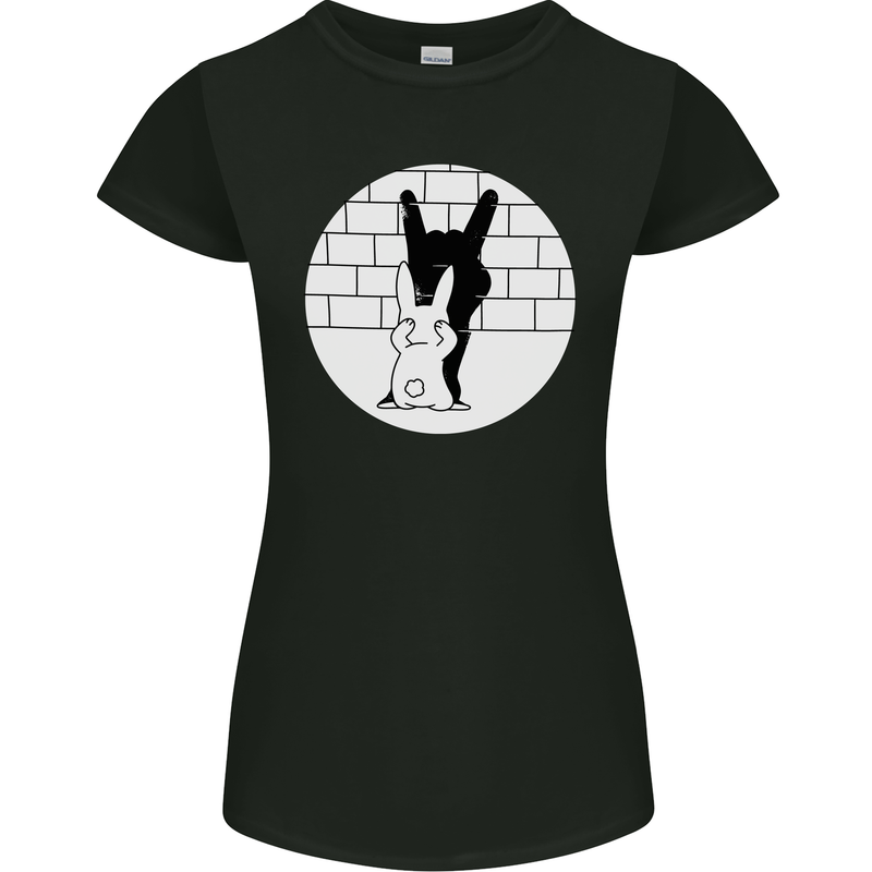 Funny Rock n Roll Salute Rabbit Silhouette Womens Petite Cut T-Shirt Black