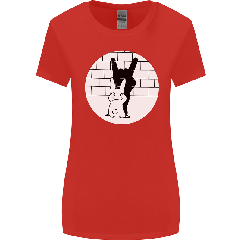 Funny Rock n Roll Salute Rabbit Silhouette Womens Wider Cut T-Shirt Red