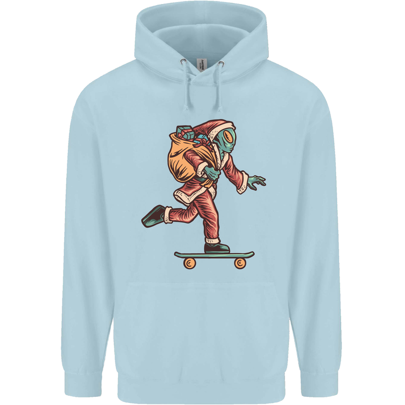 Funny Santa Clause Alien on a Skateboard Childrens Kids Hoodie Light Blue
