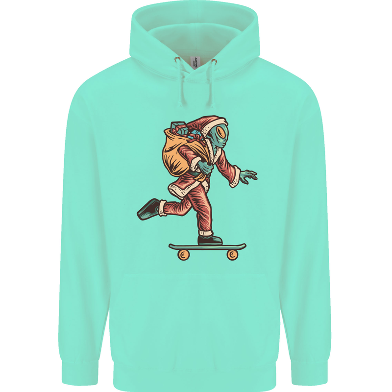 Funny Santa Clause Alien on a Skateboard Childrens Kids Hoodie Peppermint