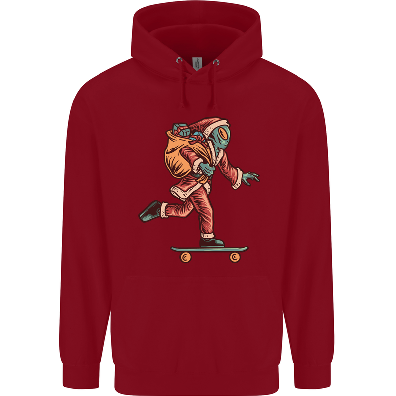 Funny Santa Clause Alien on a Skateboard Childrens Kids Hoodie Red