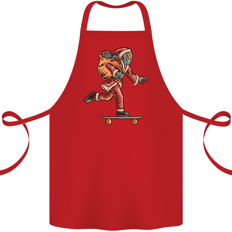 Funny Santa Clause Alien on a Skateboard Cotton Apron 100% Organic Red