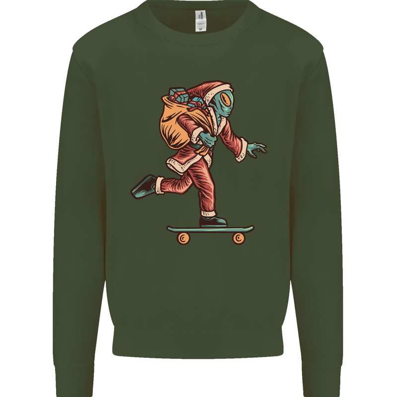Funny Santa Clause Alien on a Skateboard Kids Sweatshirt Jumper Forest Green