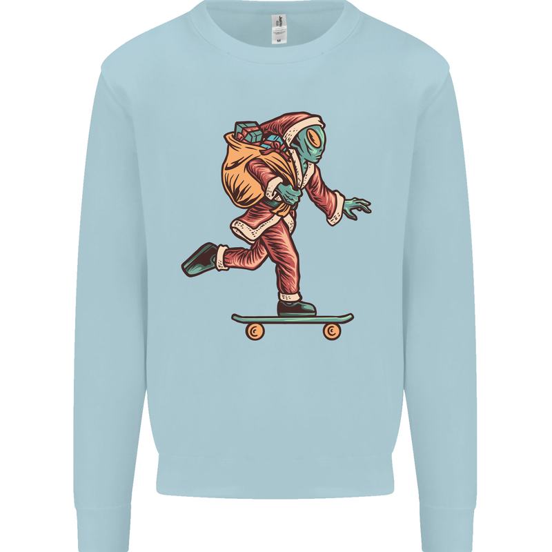 Funny Santa Clause Alien on a Skateboard Kids Sweatshirt Jumper Light Blue