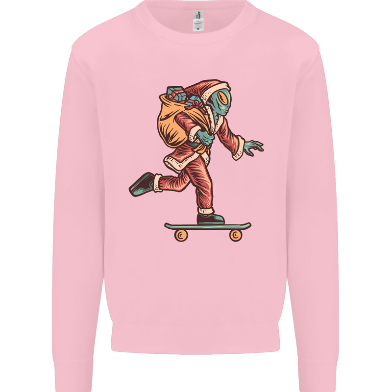 Funny Santa Clause Alien on a Skateboard Kids Sweatshirt Jumper Light Pink