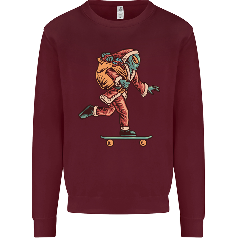 Funny Santa Clause Alien on a Skateboard Kids Sweatshirt Jumper Maroon