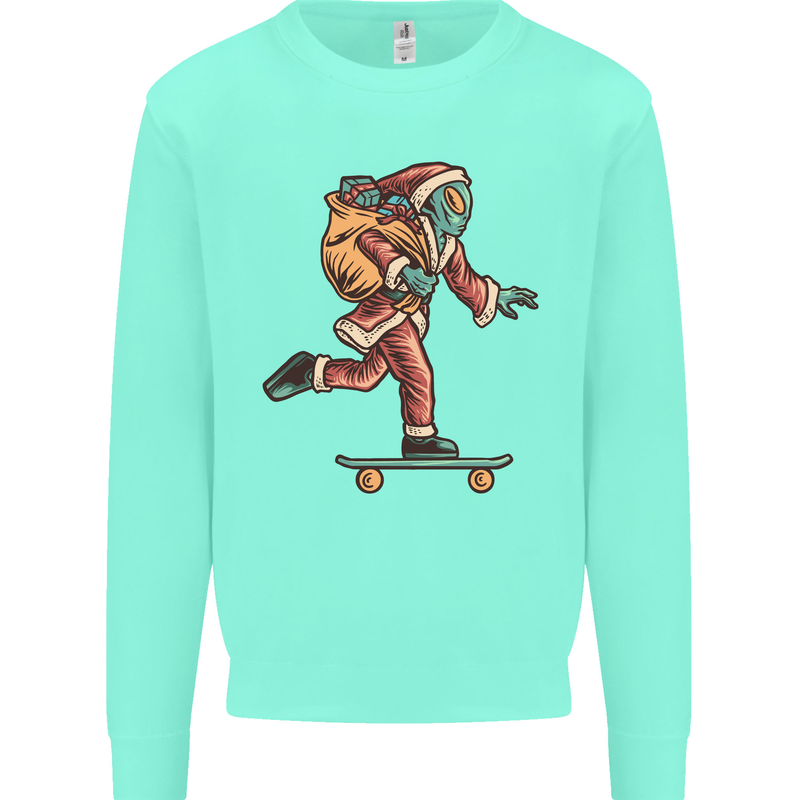 Funny Santa Clause Alien on a Skateboard Kids Sweatshirt Jumper Peppermint