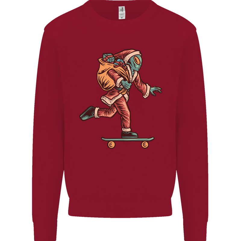 Funny Santa Clause Alien on a Skateboard Kids Sweatshirt Jumper Red