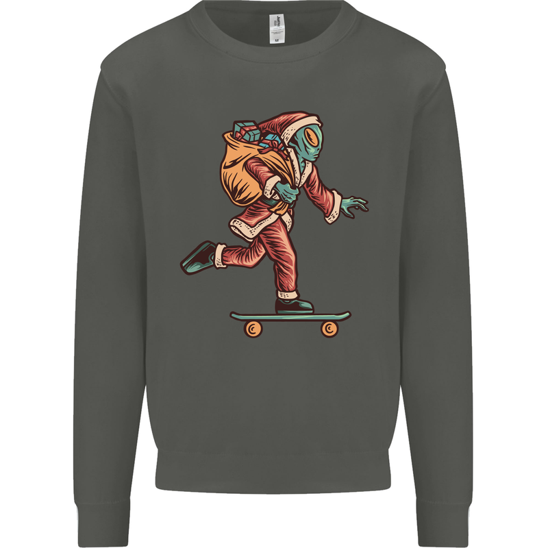 Funny Santa Clause Alien on a Skateboard Kids Sweatshirt Jumper Storm Grey