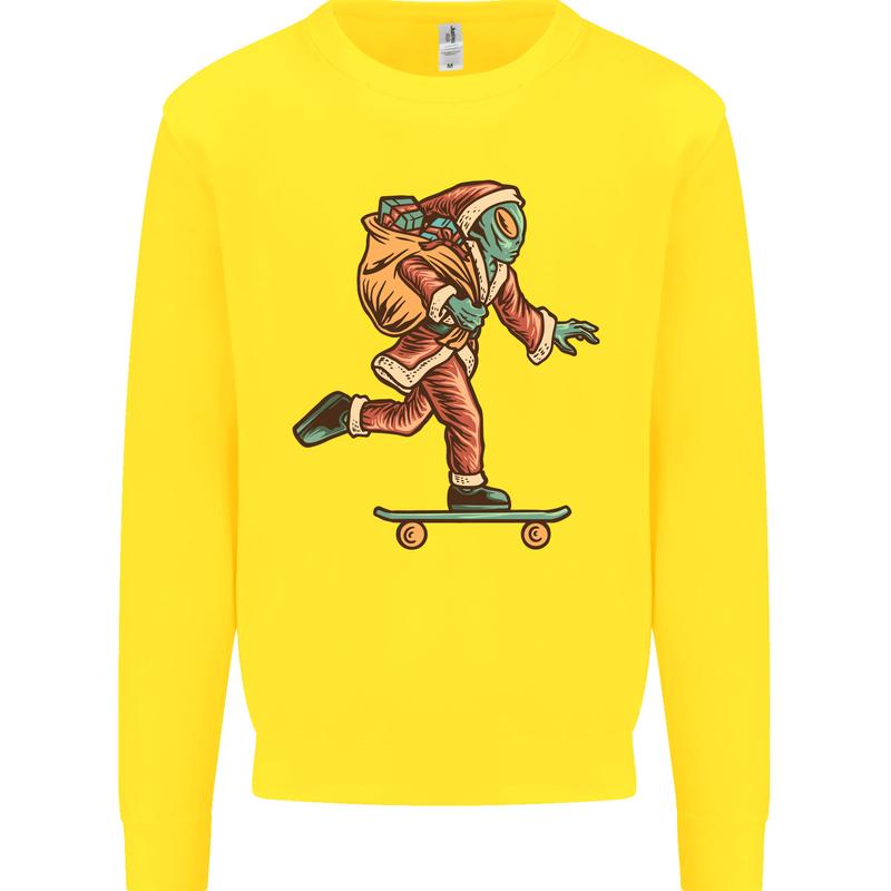 Funny Santa Clause Alien on a Skateboard Kids Sweatshirt Jumper Yellow