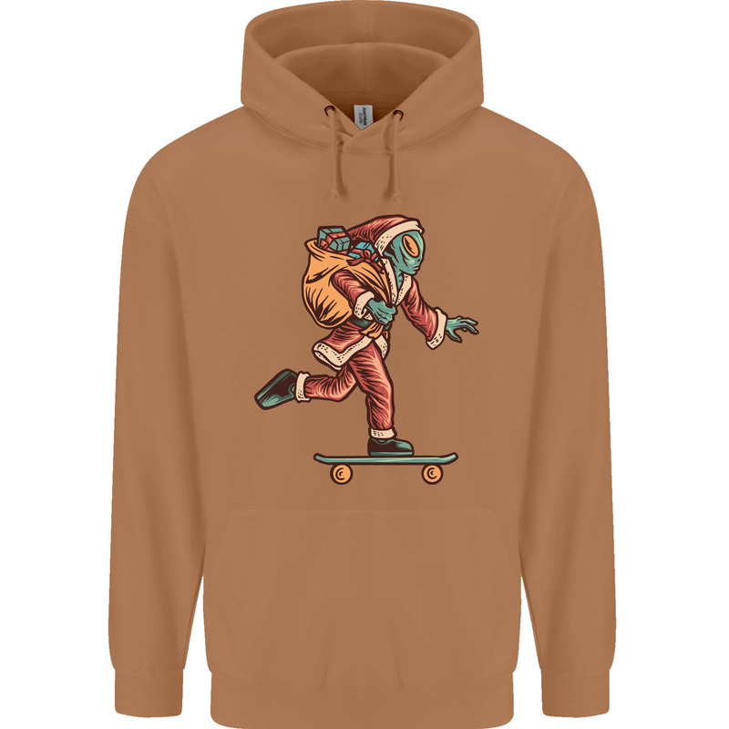 Funny Santa Clause Alien on a Skateboard Mens 80% Cotton Hoodie Caramel Latte