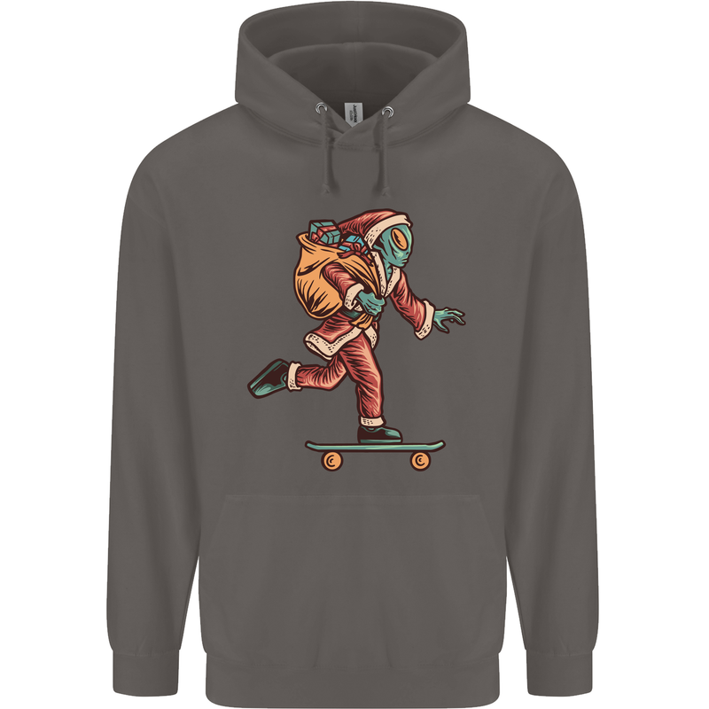 Funny Santa Clause Alien on a Skateboard Mens 80% Cotton Hoodie Charcoal