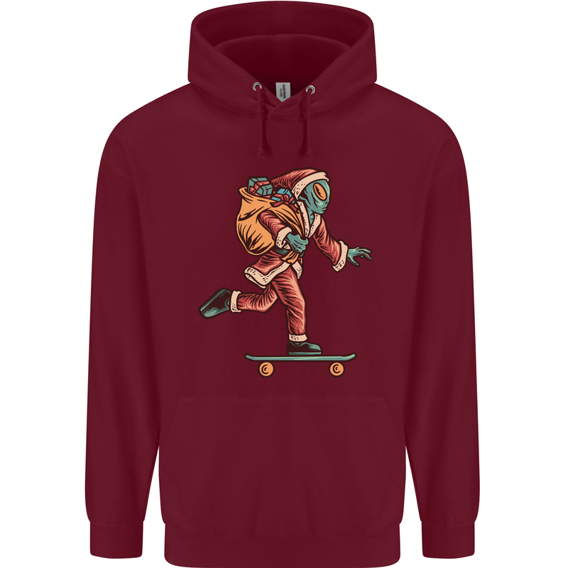 Funny Santa Clause Alien on a Skateboard Mens 80% Cotton Hoodie Maroon