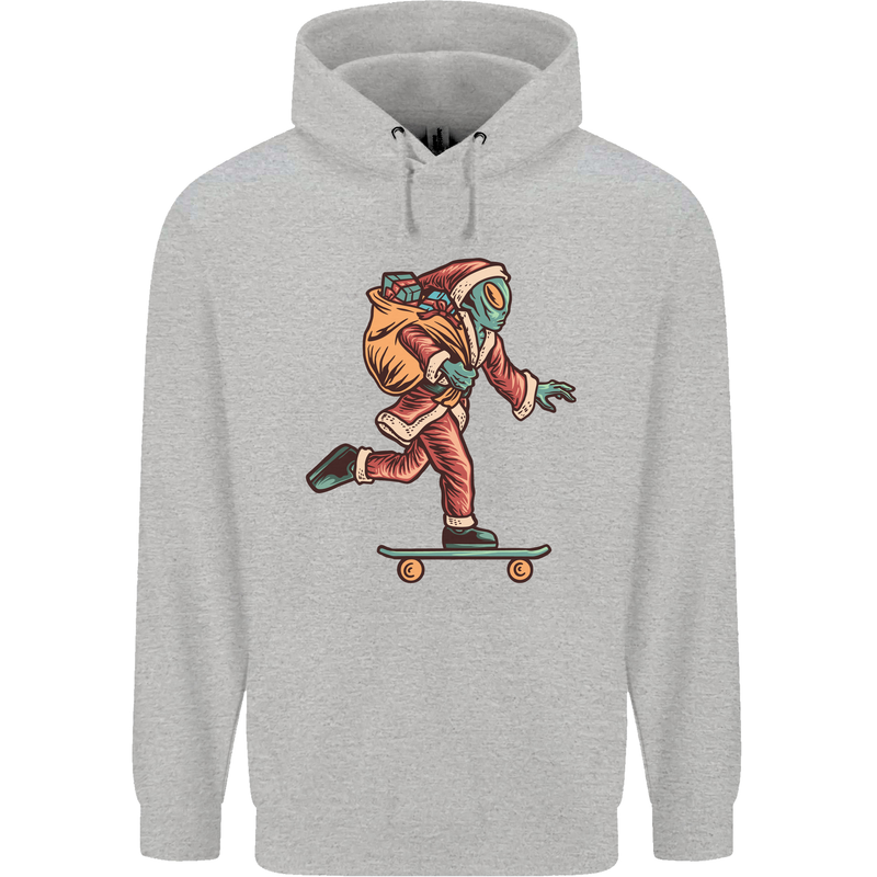 Funny Santa Clause Alien on a Skateboard Mens 80% Cotton Hoodie Sports Grey