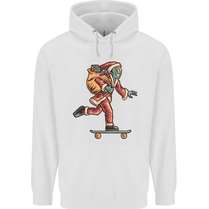 Funny Santa Clause Alien on a Skateboard Mens 80% Cotton Hoodie White