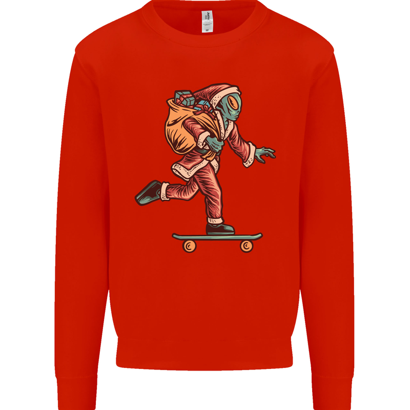 Funny Santa Clause Alien on a Skateboard Mens Sweatshirt Jumper Bright Red