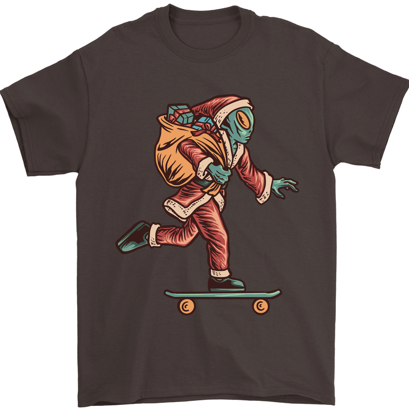Funny Santa Clause Alien on a Skateboard Mens T-Shirt Cotton Gildan Dark Chocolate
