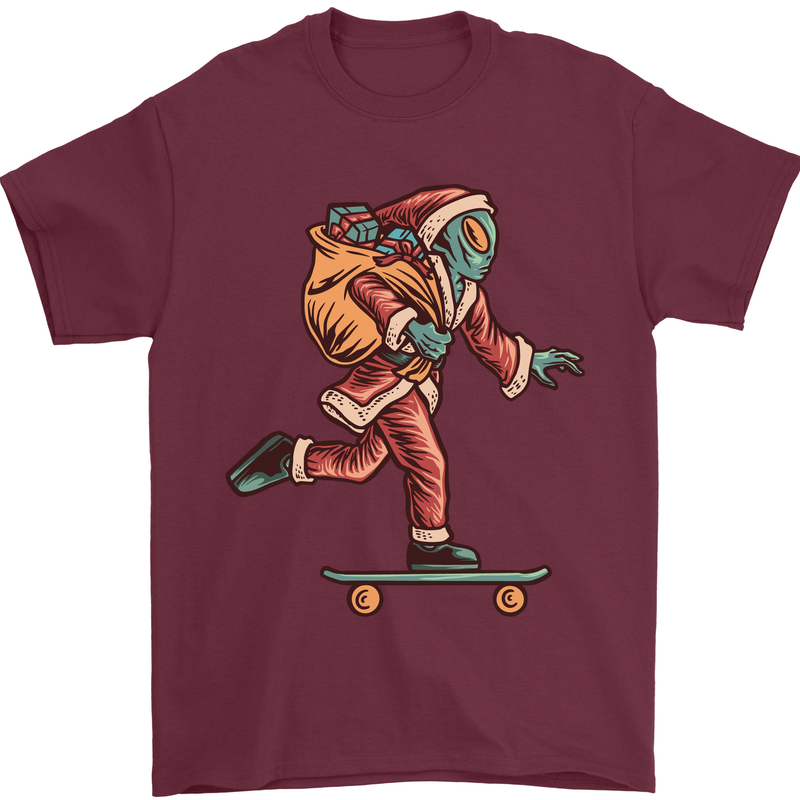 Funny Santa Clause Alien on a Skateboard Mens T-Shirt Cotton Gildan Maroon