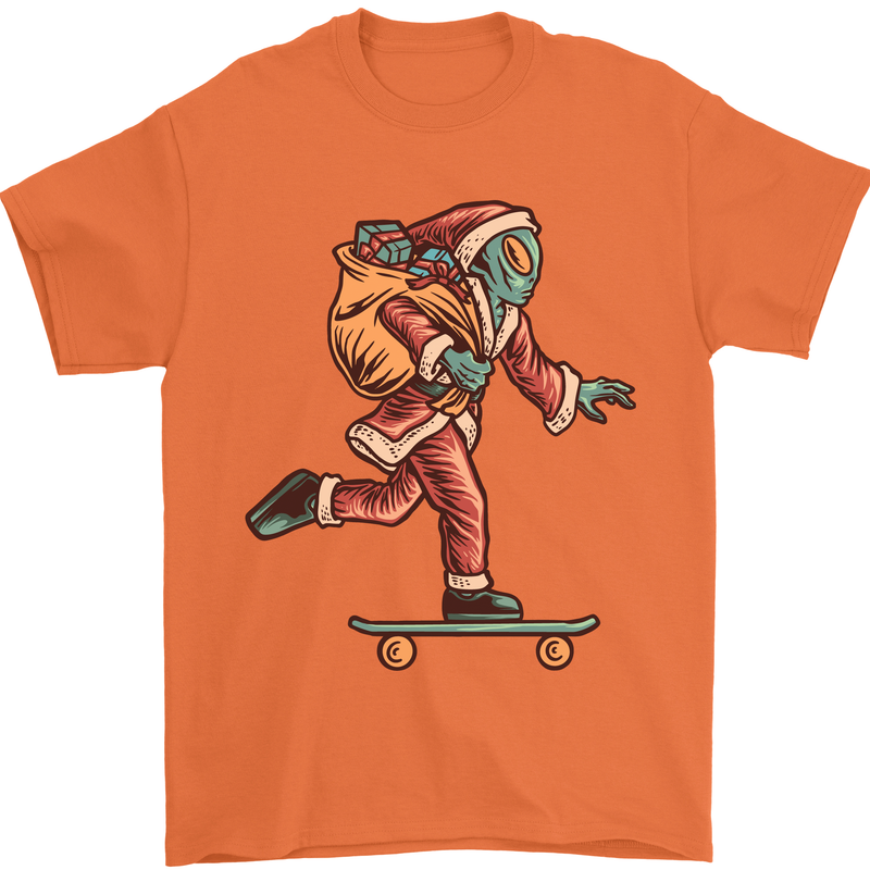 Funny Santa Clause Alien on a Skateboard Mens T-Shirt Cotton Gildan Orange