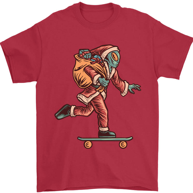 Funny Santa Clause Alien on a Skateboard Mens T-Shirt Cotton Gildan Red