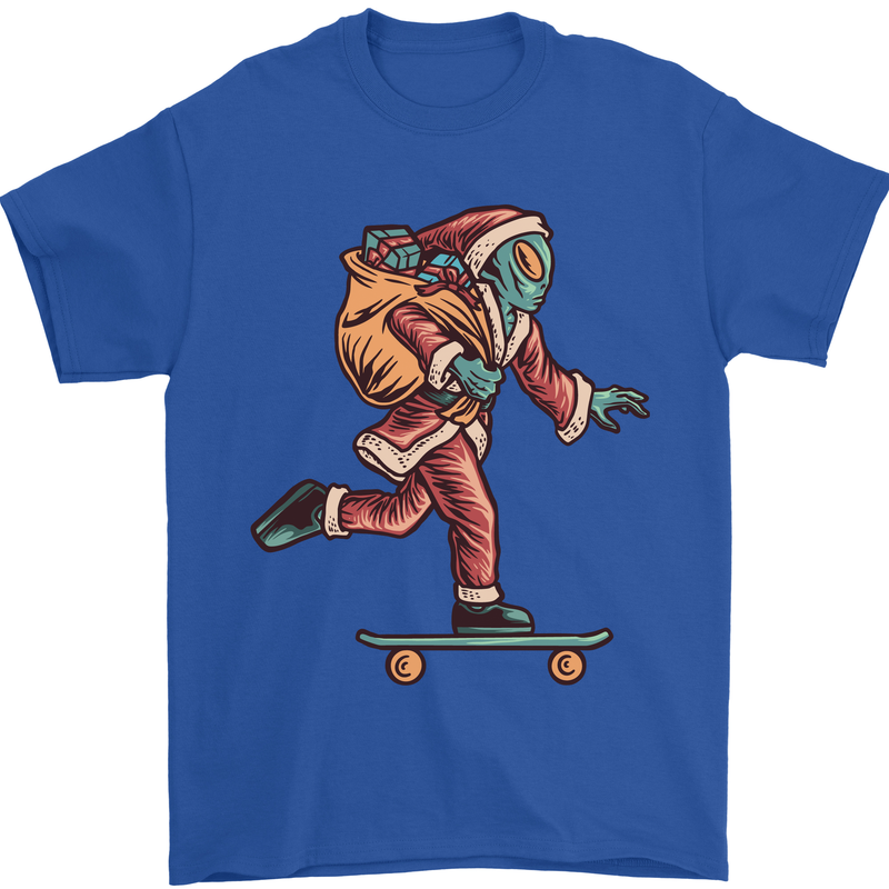Funny Santa Clause Alien on a Skateboard Mens T-Shirt Cotton Gildan Royal Blue