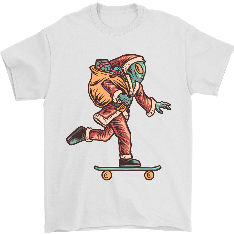Funny Santa Clause Alien on a Skateboard Mens T-Shirt Cotton Gildan White