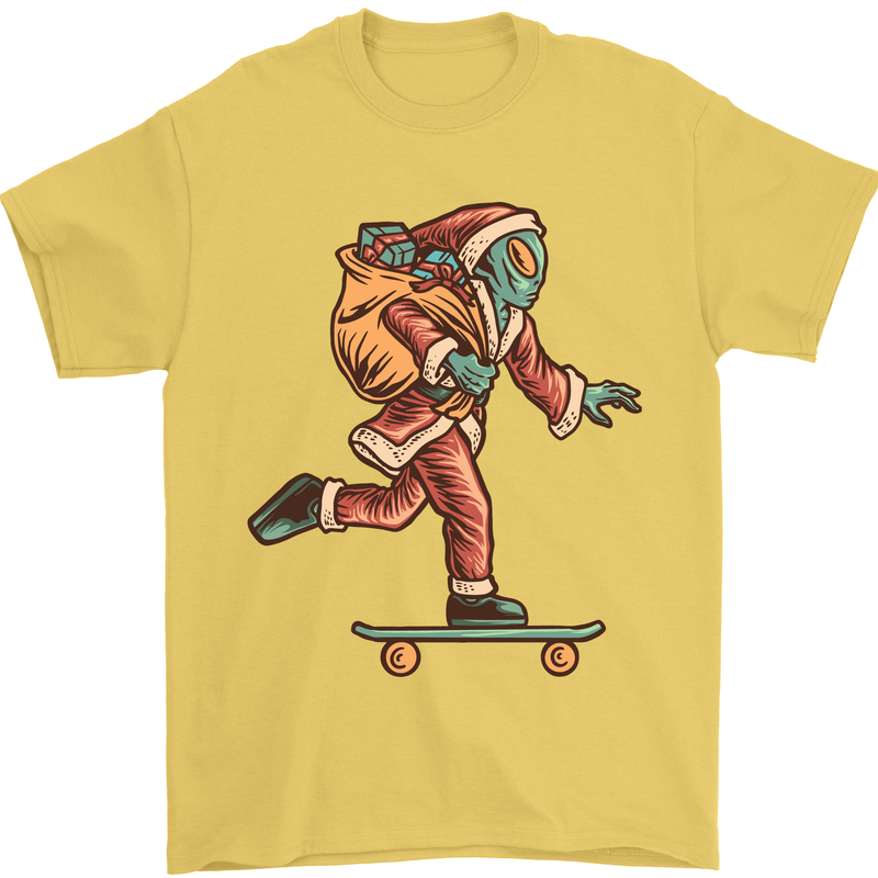 Funny Santa Clause Alien on a Skateboard Mens T-Shirt Cotton Gildan Yellow