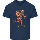 Funny Santa Clause Alien on a Skateboard Mens V-Neck Cotton T-Shirt Navy Blue