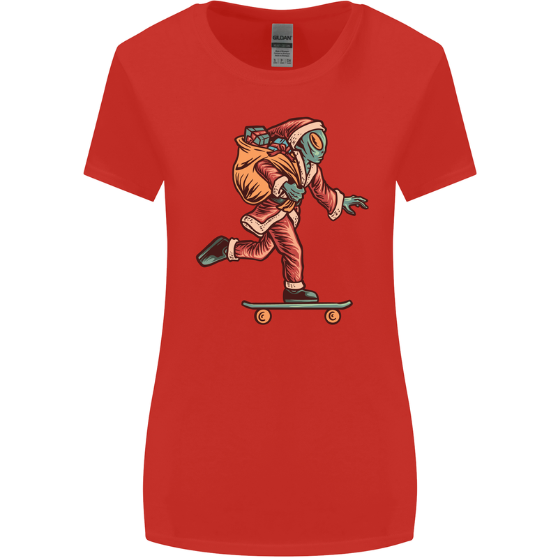Funny Santa Clause Alien on a Skateboard Womens Wider Cut T-Shirt Red