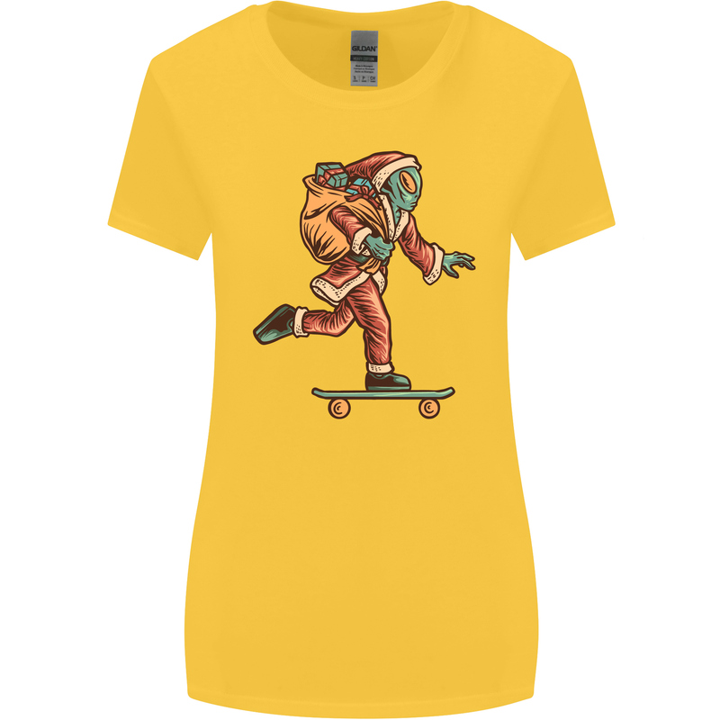 Funny Santa Clause Alien on a Skateboard Womens Wider Cut T-Shirt Yellow