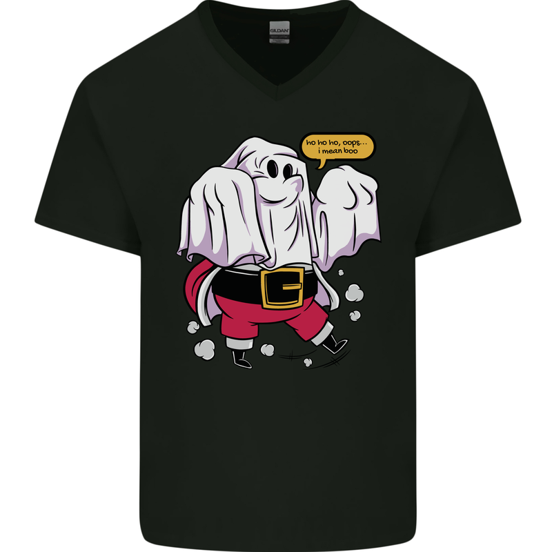 Funny Santa Ghost Christmas Halloween Mens V-Neck Cotton T-Shirt Black