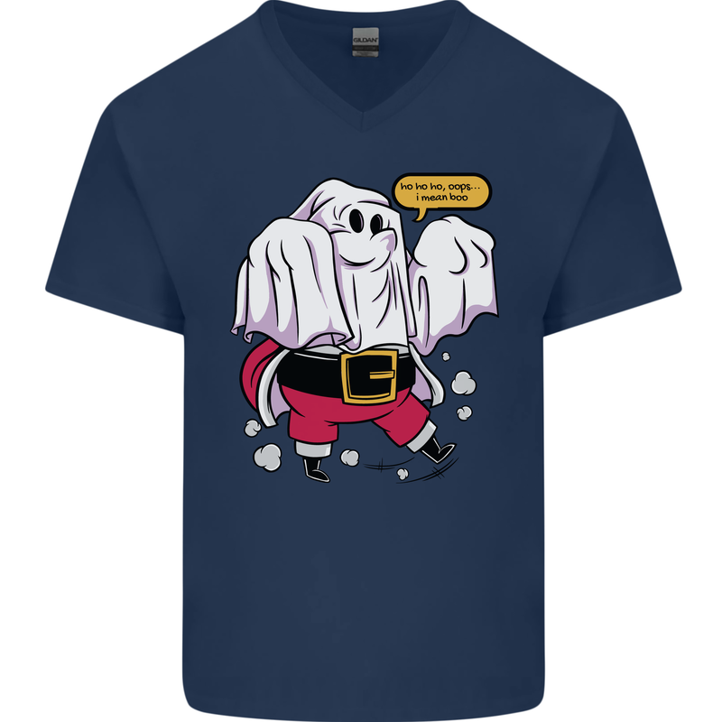 Funny Santa Ghost Christmas Halloween Mens V-Neck Cotton T-Shirt Navy Blue