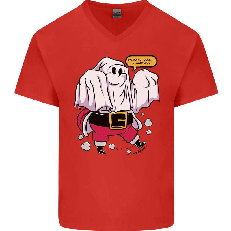 Funny Santa Ghost Christmas Halloween Mens V-Neck Cotton T-Shirt Red