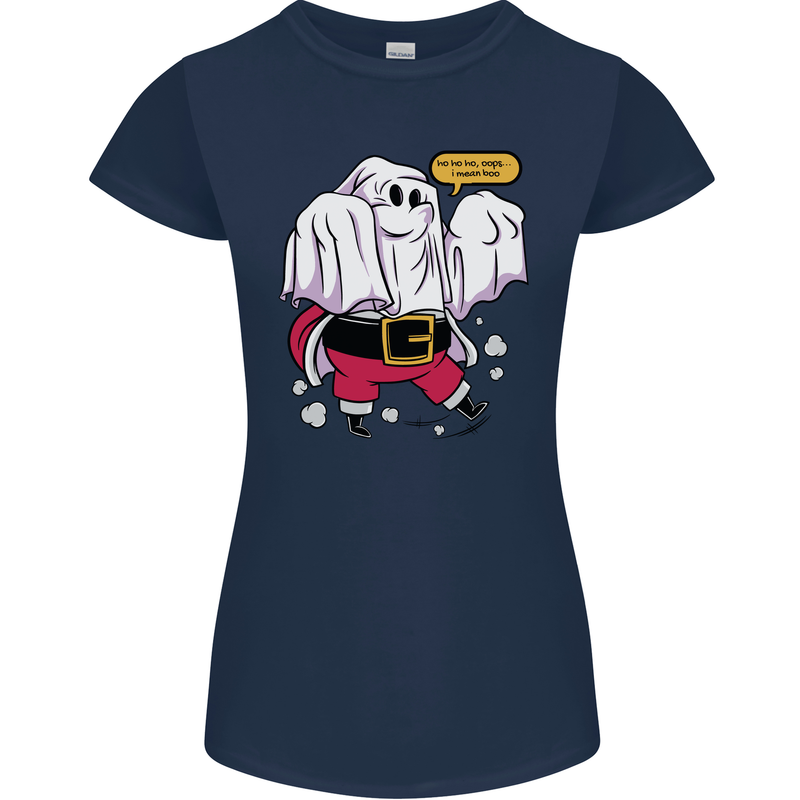 Funny Santa Ghost Christmas Halloween Womens Petite Cut T-Shirt Navy Blue