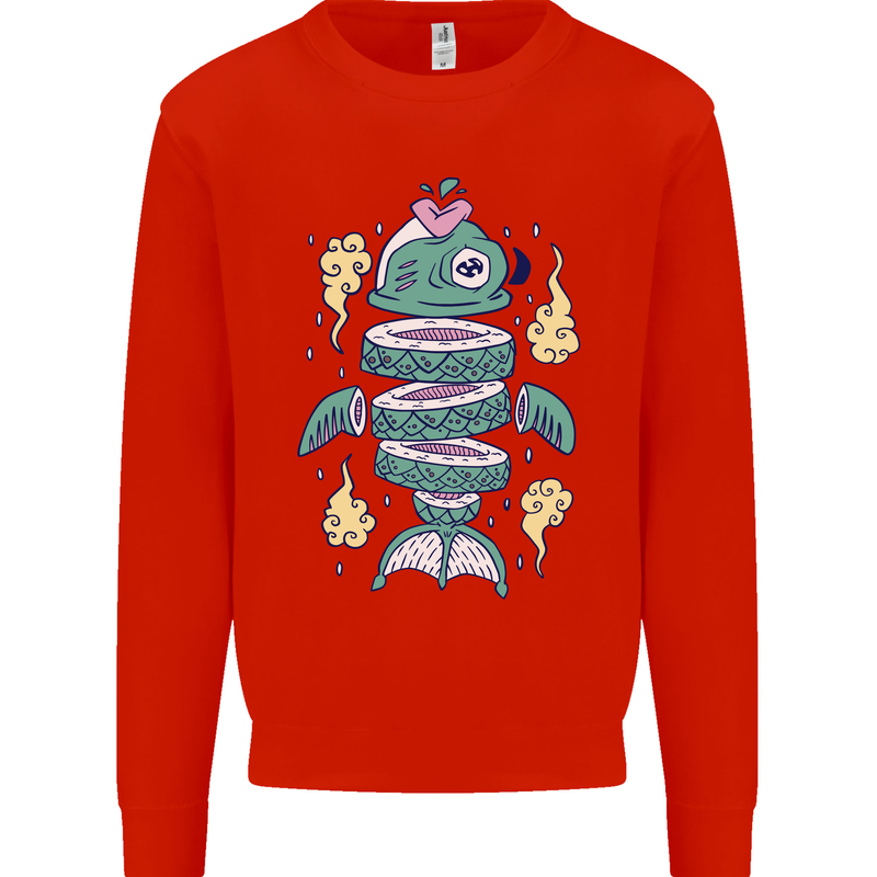 Funny Sliced Sushi Fish Fishing Fisherman Kids Sweatshirt Jumper Bright Red