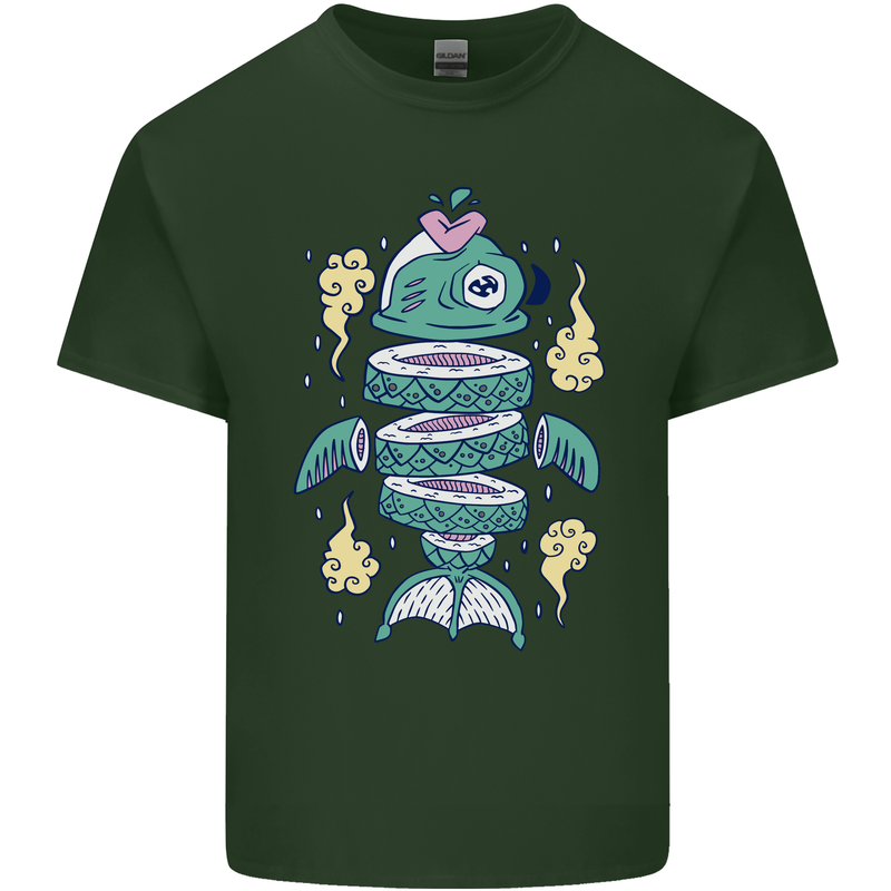 Funny Sliced Sushi Fish Fishing Fisherman Mens Cotton T-Shirt Tee Top Forest Green