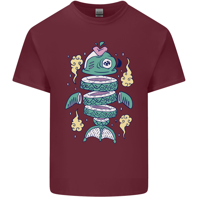 Funny Sliced Sushi Fish Fishing Fisherman Mens Cotton T-Shirt Tee Top Maroon